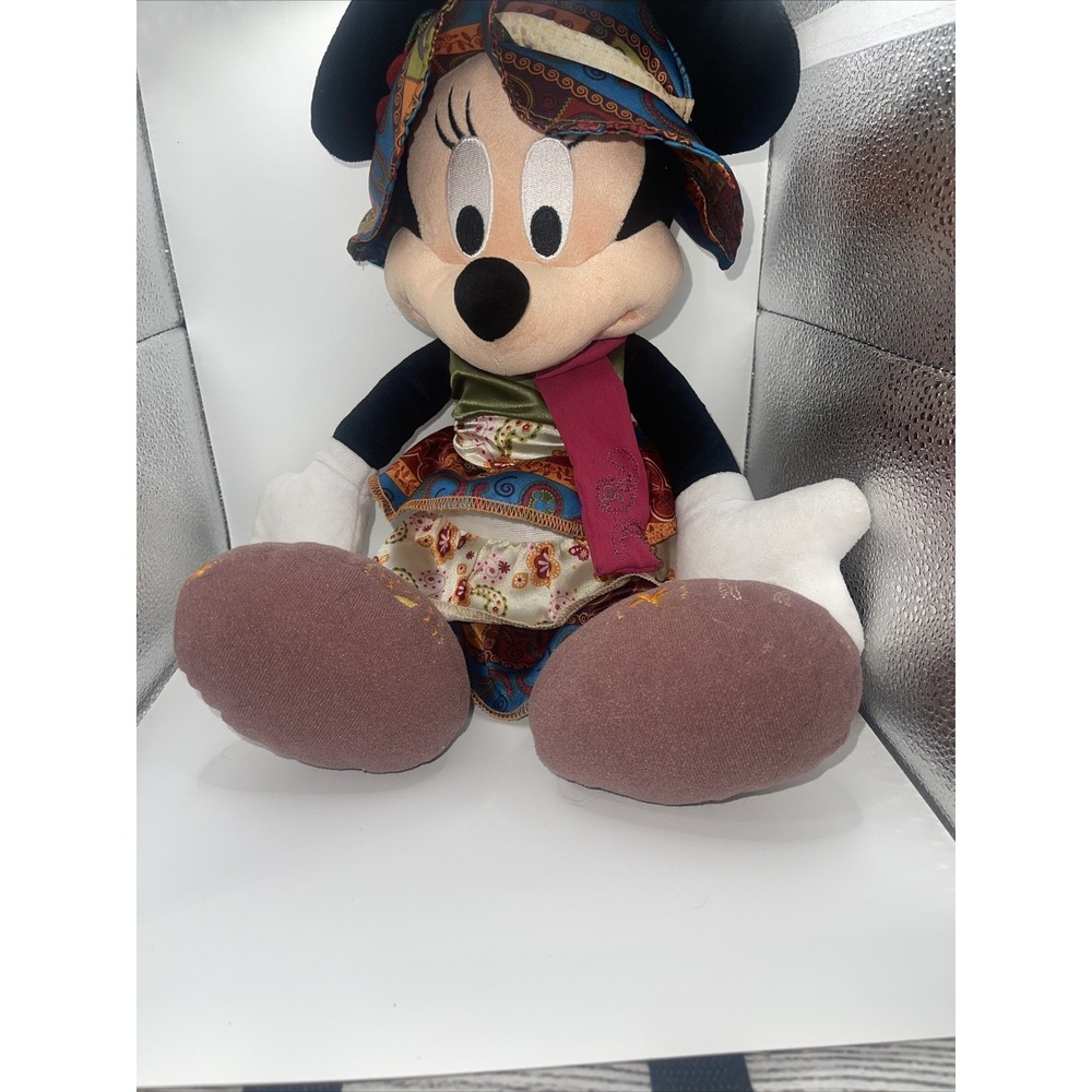 Disney Parks Bohemian Minnie Mouse plush doll 15" folk art flair satin dress hat